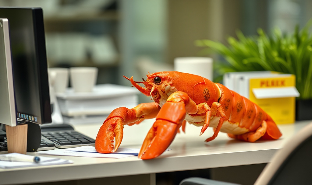 Lobster claws being helpful doing office work