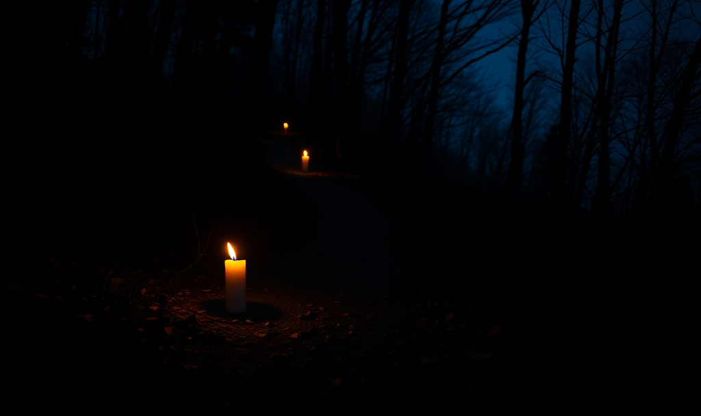 Dark trail lit by candle