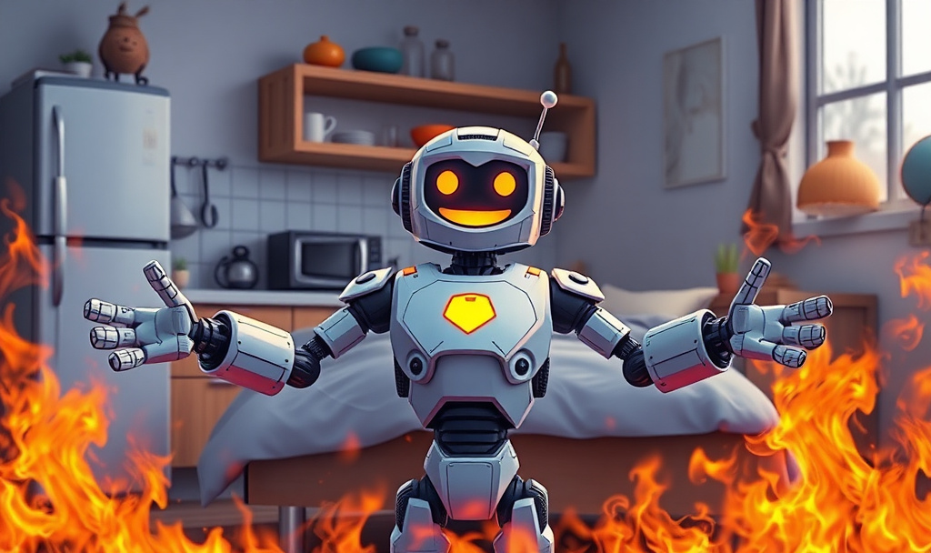kitchen on fire, but the bed is made. robot with a smile and open arms