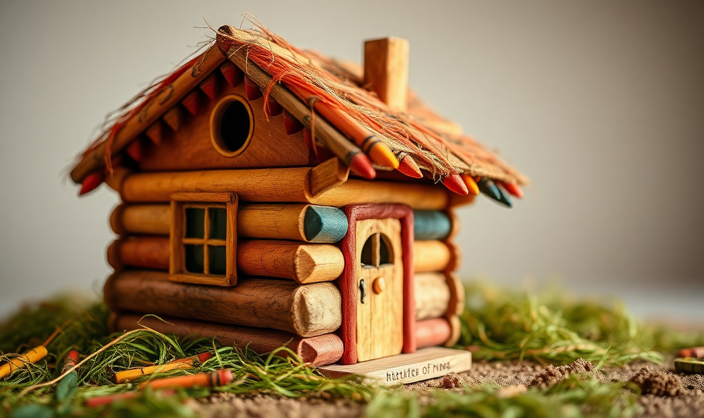 cabin made of crayons, glue and hair