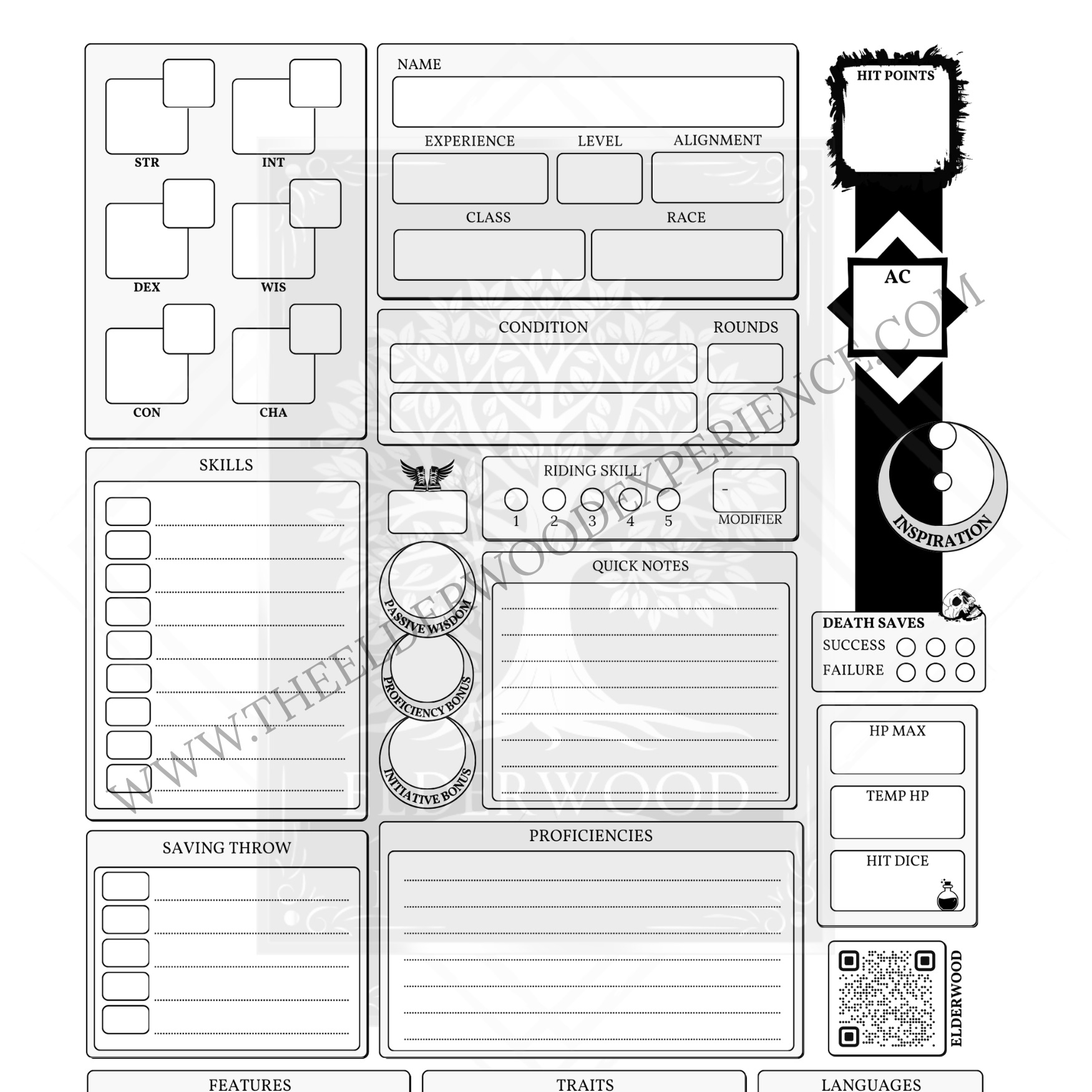 A black-and-white Dungeons and Dragons character sheet template with fields for stats, skills, conditions, hit points, armor class, inspiration, death saves, notes, and proficiencies.