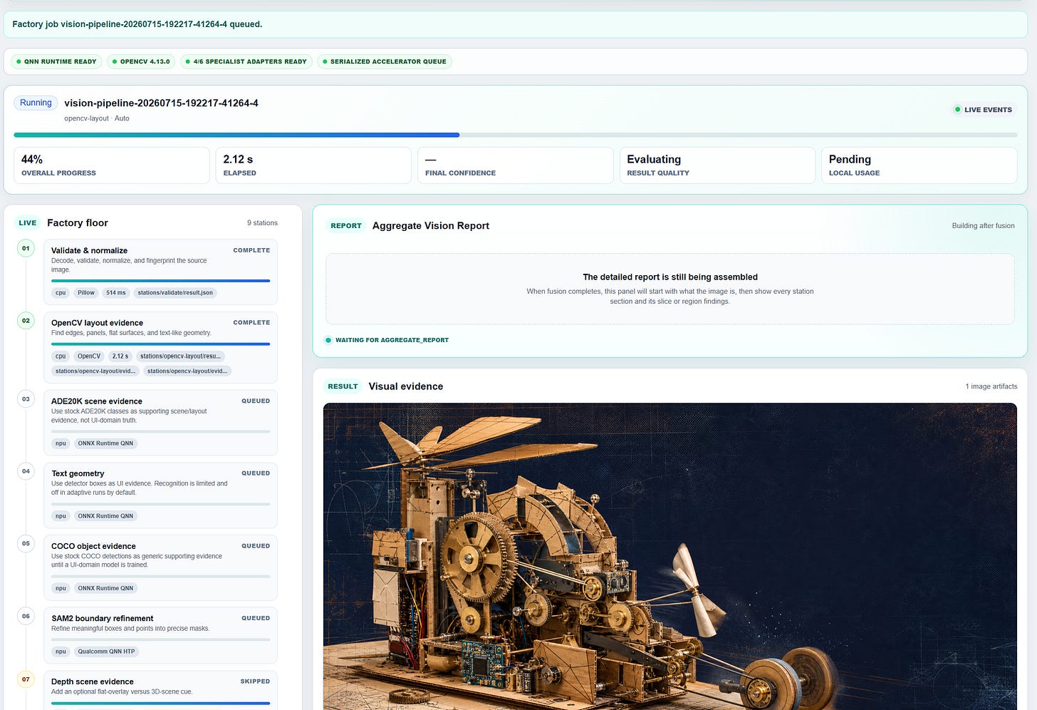 Local vision workbench showing an analyzed image and pipeline controls.