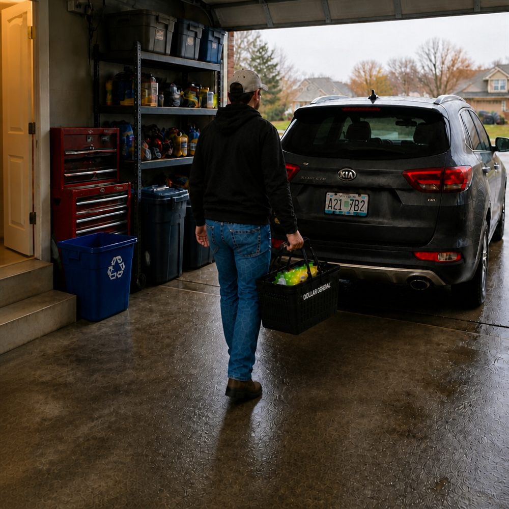 Generated image of John carrying a black shopping basket beside an SUV in a garage.