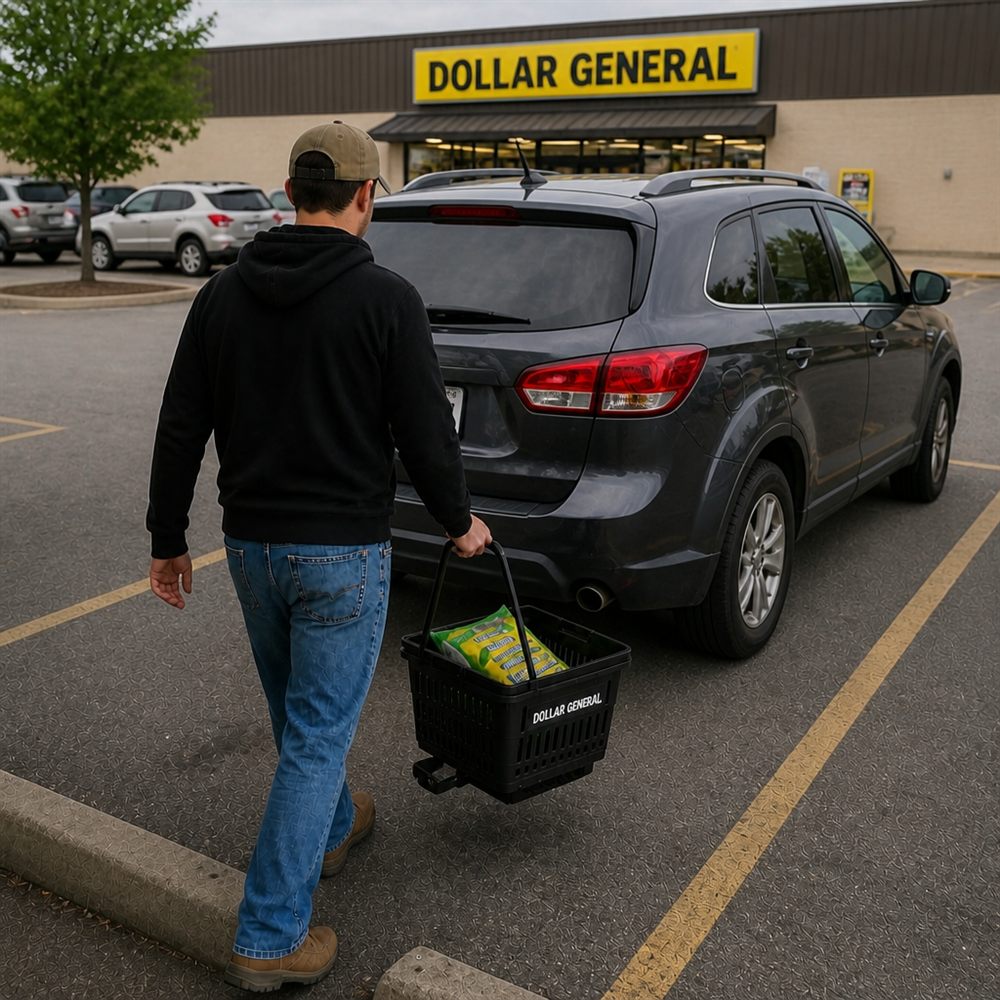 Generated image of John carrying a black basket beside a gray SUV in a store parking lot.