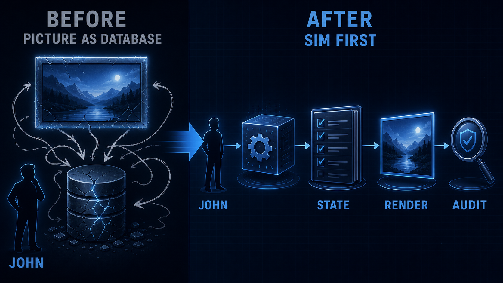 Infographic comparing picture-as-database with a simulation-first engine that creates state before render and audit.