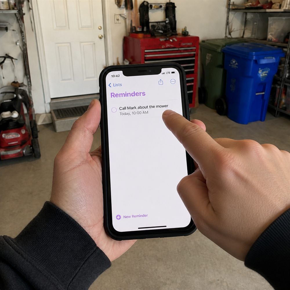 Generated close-up of John holding a phone in the garage with a reminder visible.