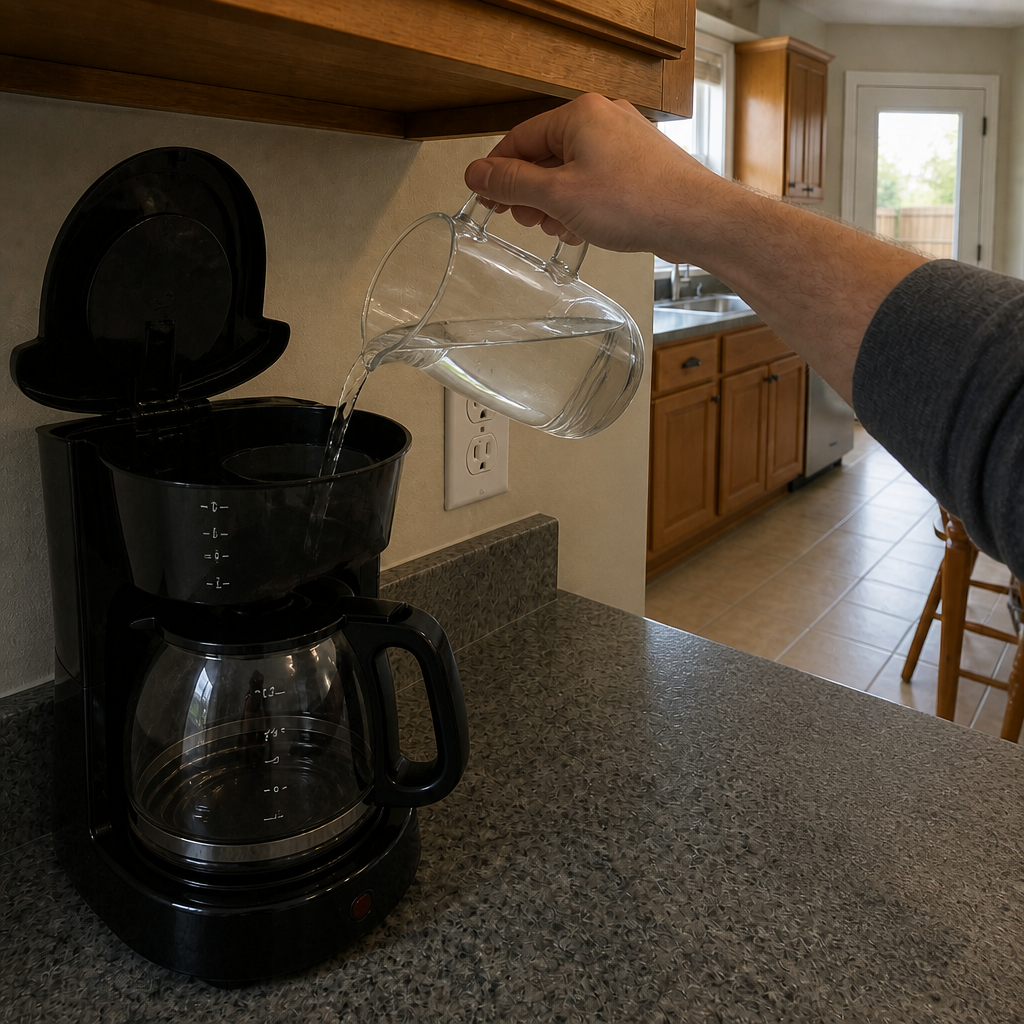 Generated John&rsquo;s World coffee pot demonstration frame 2 from the making-the-coffee sequence.