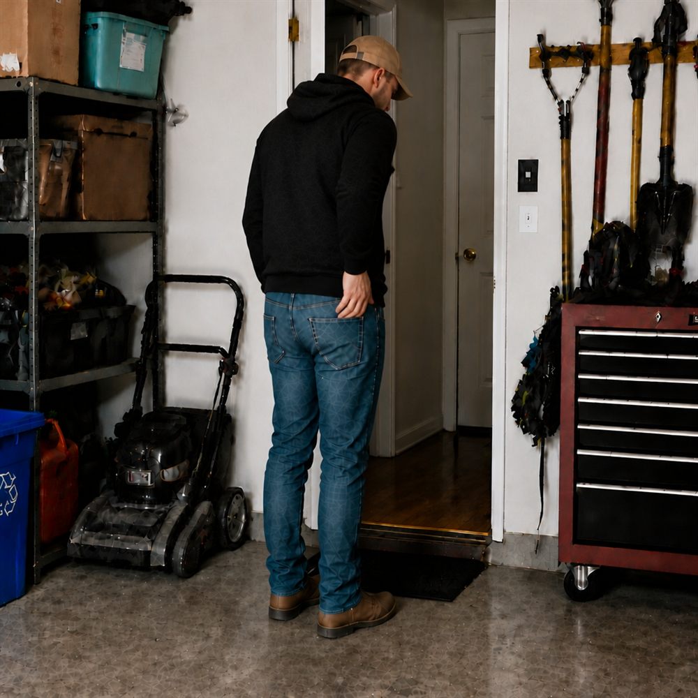 Generated frame of John near the garage threshold where the required phone microbeat was not satisfied.