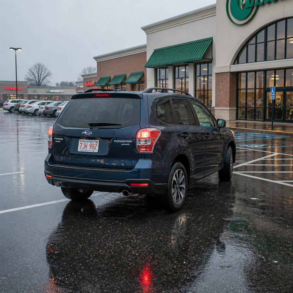 Generated image of a dark SUV in a rainy grocery-store parking lot.
