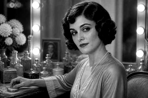 Generated silent-film-era frame of Vivienne in a dramatic 1920s stage scene.