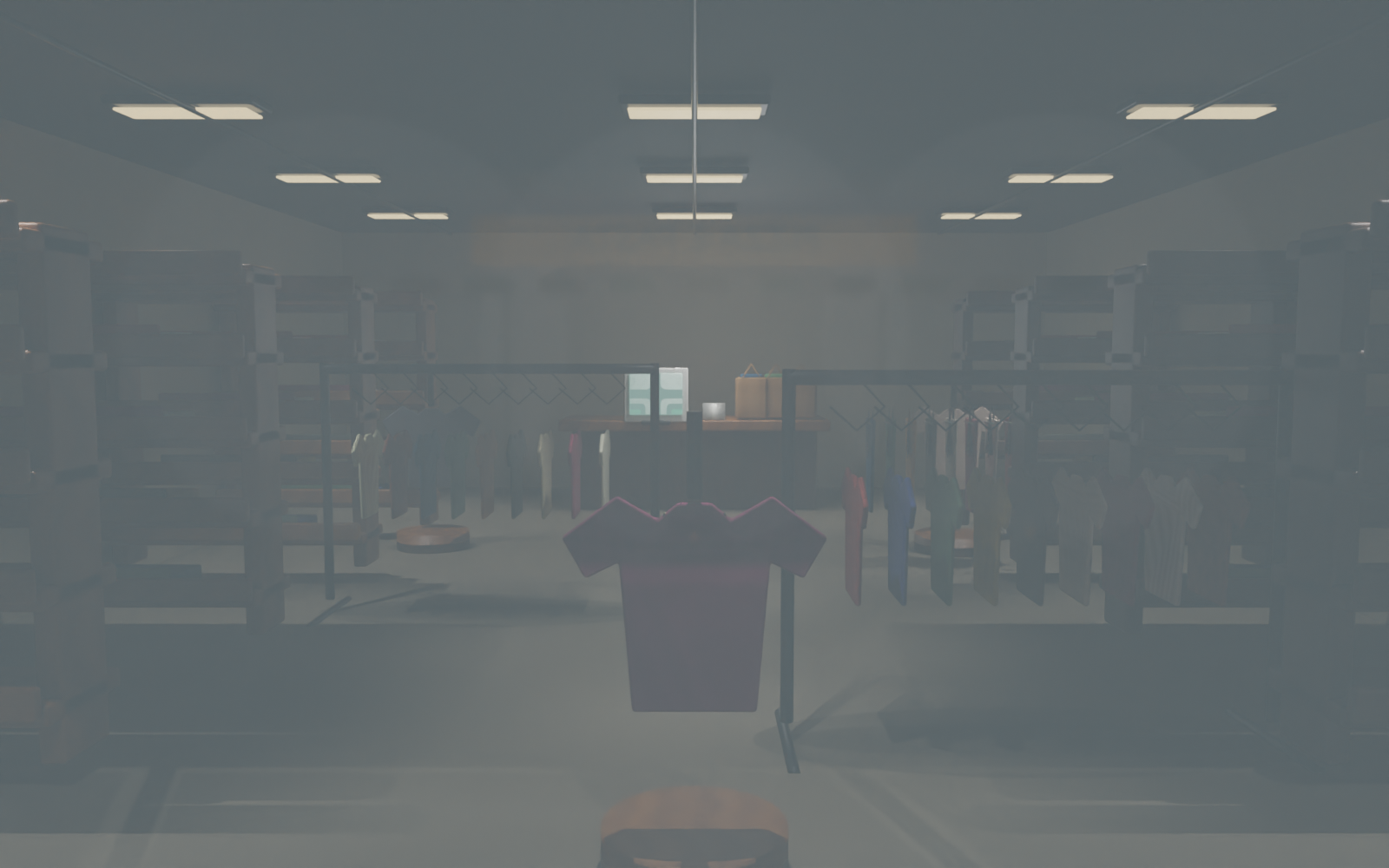 Overview render of the retail materials test showing the storefront, clothing displays, sidewalk, and adjacent restaurant.