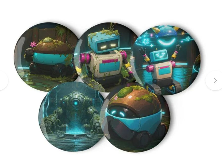 Set of pin buttons featuring robots from Island Lab V4.
