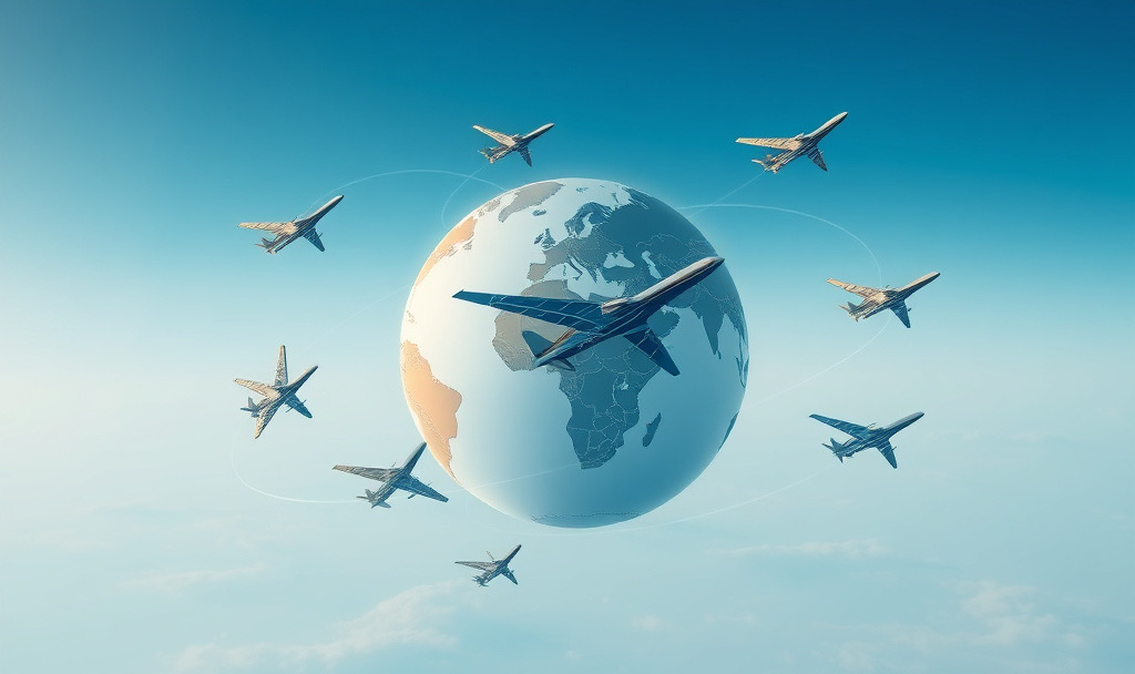 Stylized airplanes flying around a glowing blue globe with curved flight-path trails.