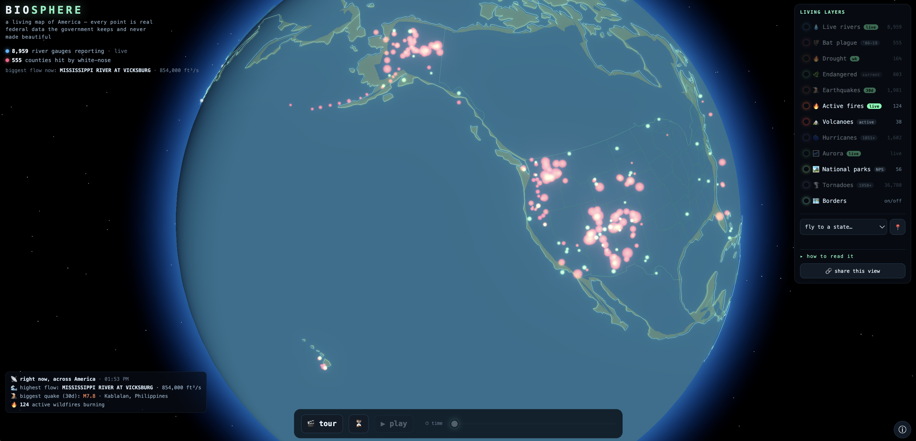 BIOSPHERE — a living 3-D Earth, built entirely from the federal data the government never made beautiful screenshot from the original Substack post.