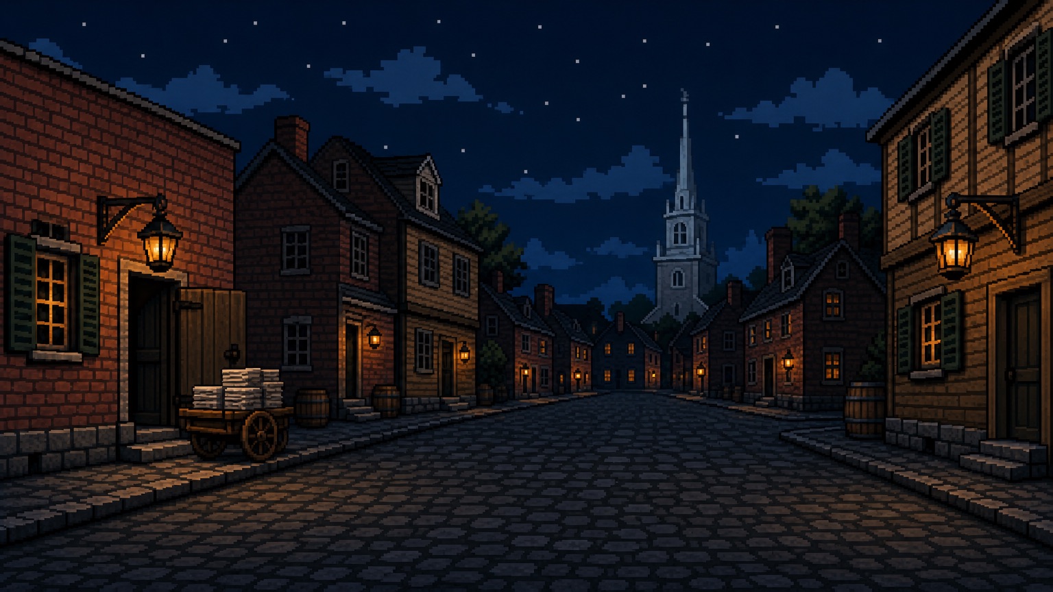 Pixel-art Paul Revere side-scroller scene generated by the universe engine