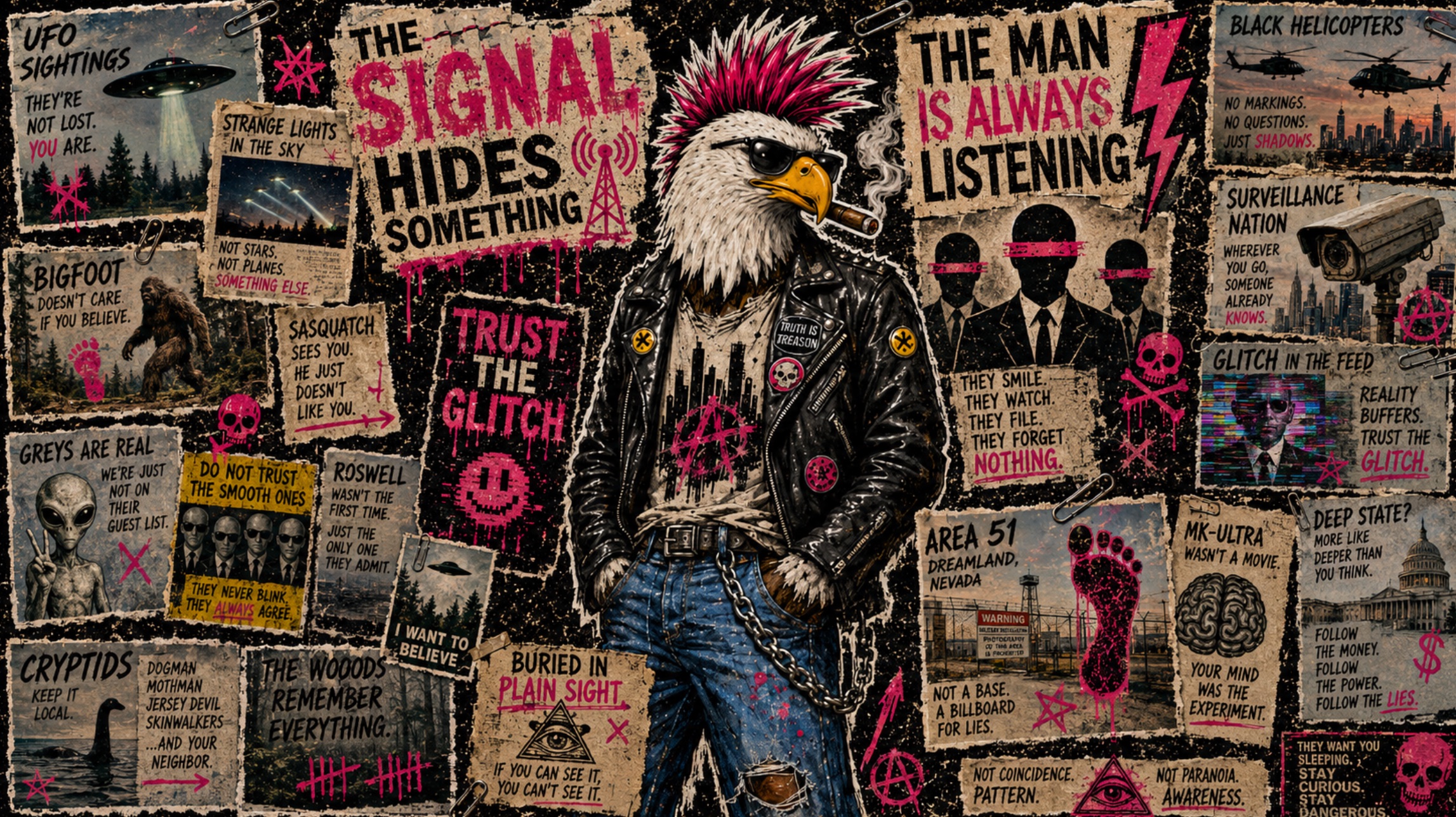 Punk eagle collage surrounded by conspiracy-style posters about signals, glitches, surveillance, UFOs, and cryptids.