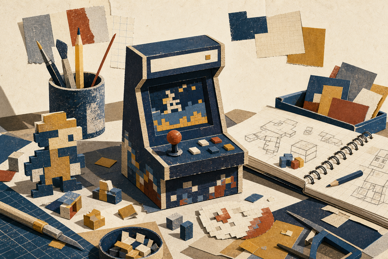 A hand-built pixel arcade cabinet and paper prototypes on a studio worktable.
