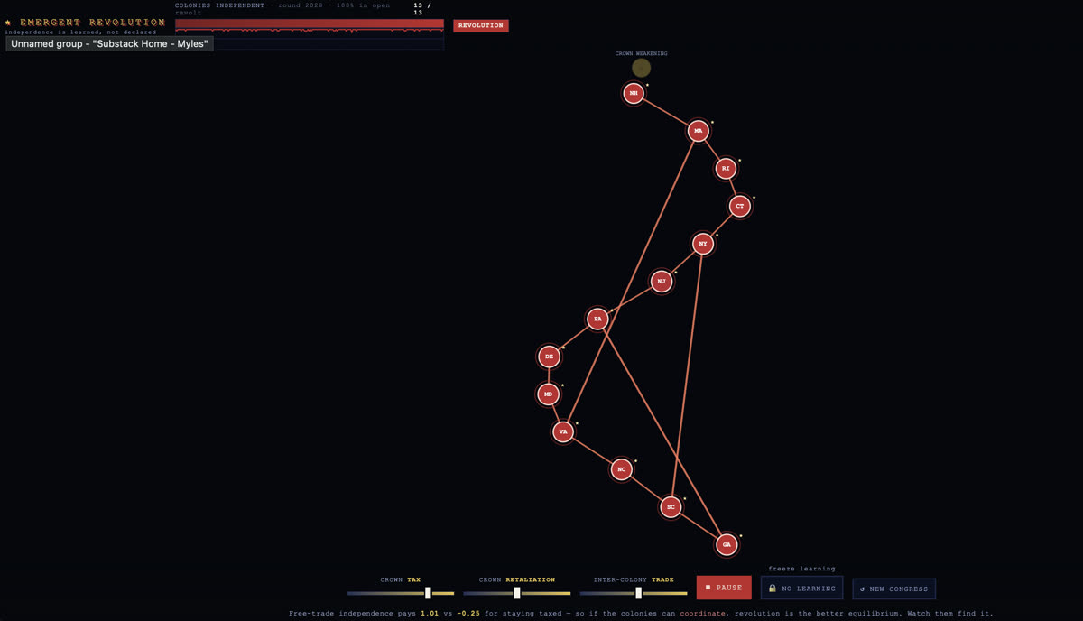 Preview image from Myles's Emergent Revolution competitor post showing a stylized red-white-and-blue colonial strategy interface.