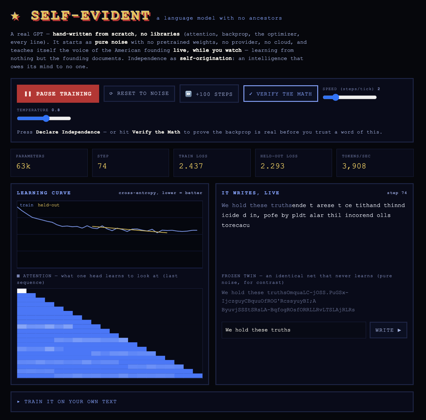 SELF-EVIDENT — I built a GPT from scratch that trains itself, live, in your browser screenshot from the original Substack post.