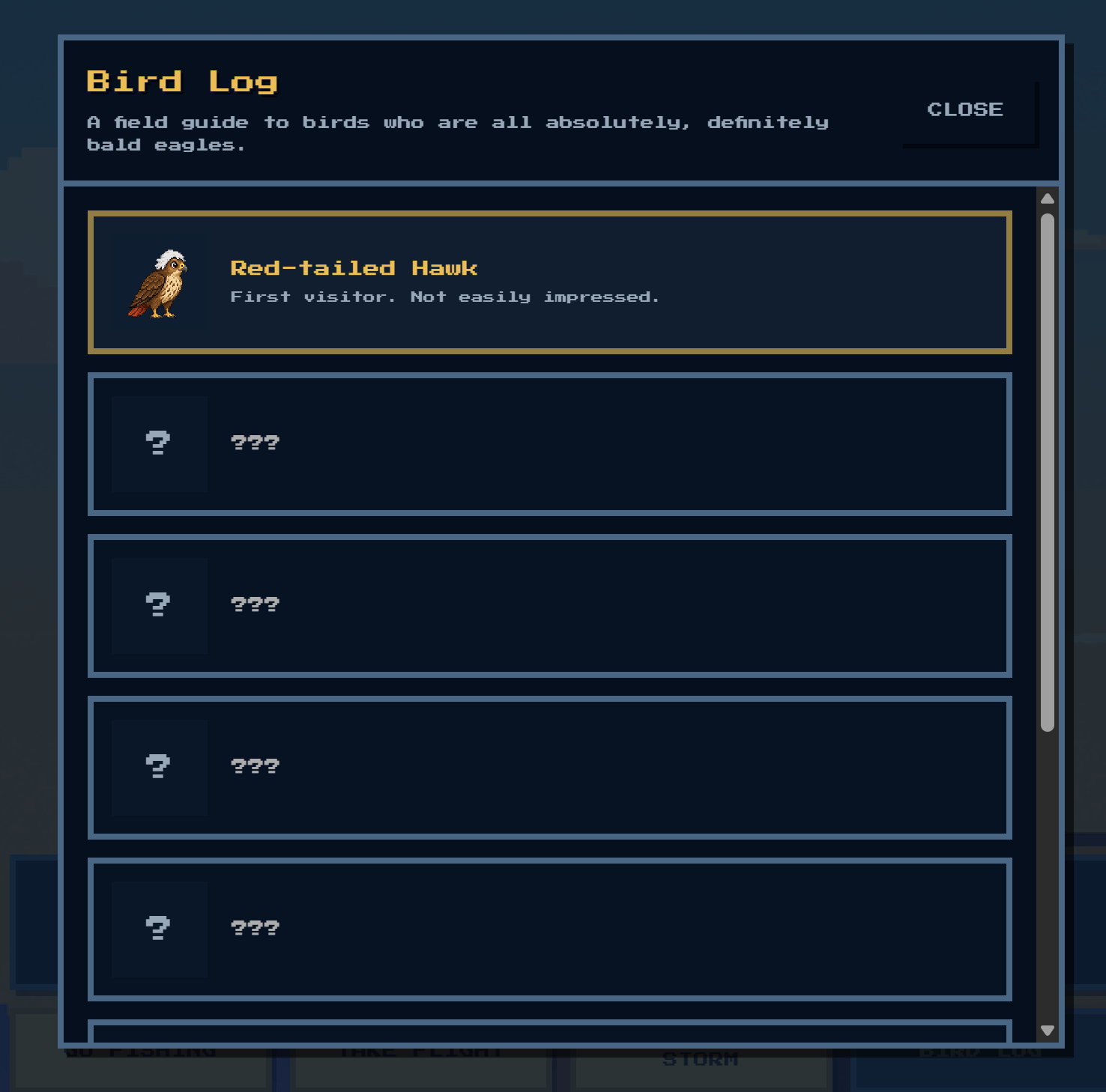 Sky King bird log screen with collected bird entries