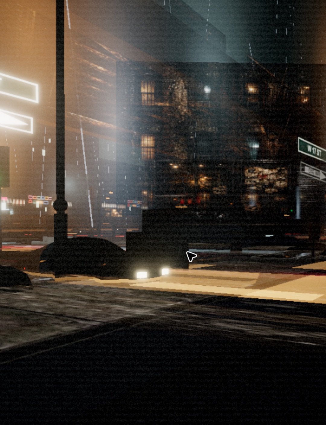 Rainy generated city street at night with glowing signage, dark buildings, and a small cursor-like artifact near the curb