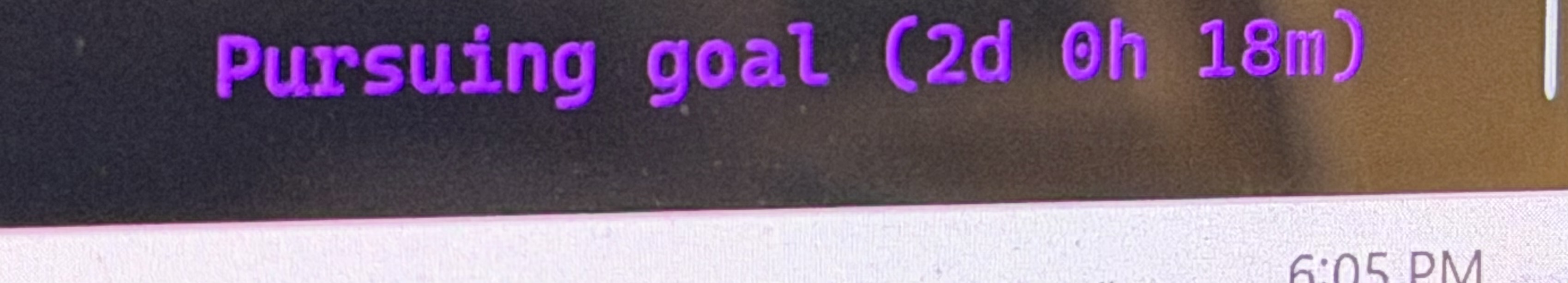 A terminal status line showing a purple Codex progress message: Pursuing goal, 2d 0h 18m.