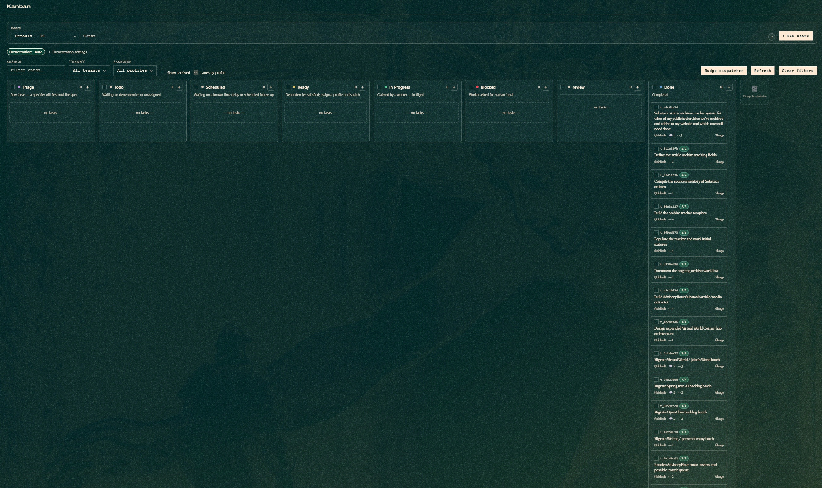 Hermes Kanban system dashboard with task lanes and agent work states
