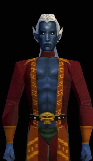 Blue-skinned EverQuest-style elf character in a red robe on a black background
