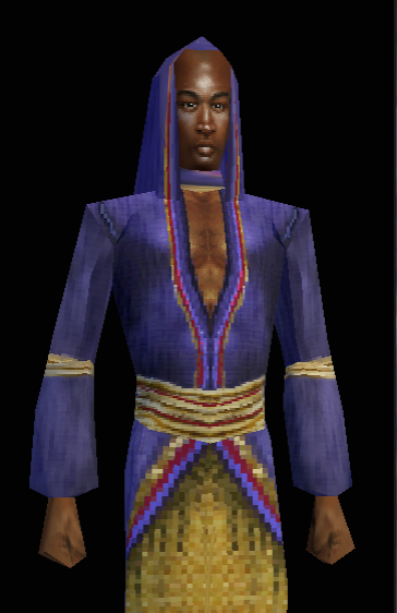 EverQuest-style robed character in purple and gold clothing on a black background
