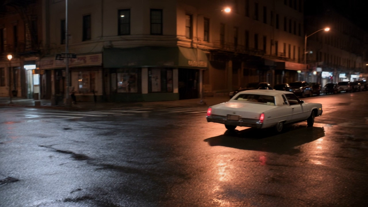 White vintage coupe driving through a wet city intersection at night under orange streetlights