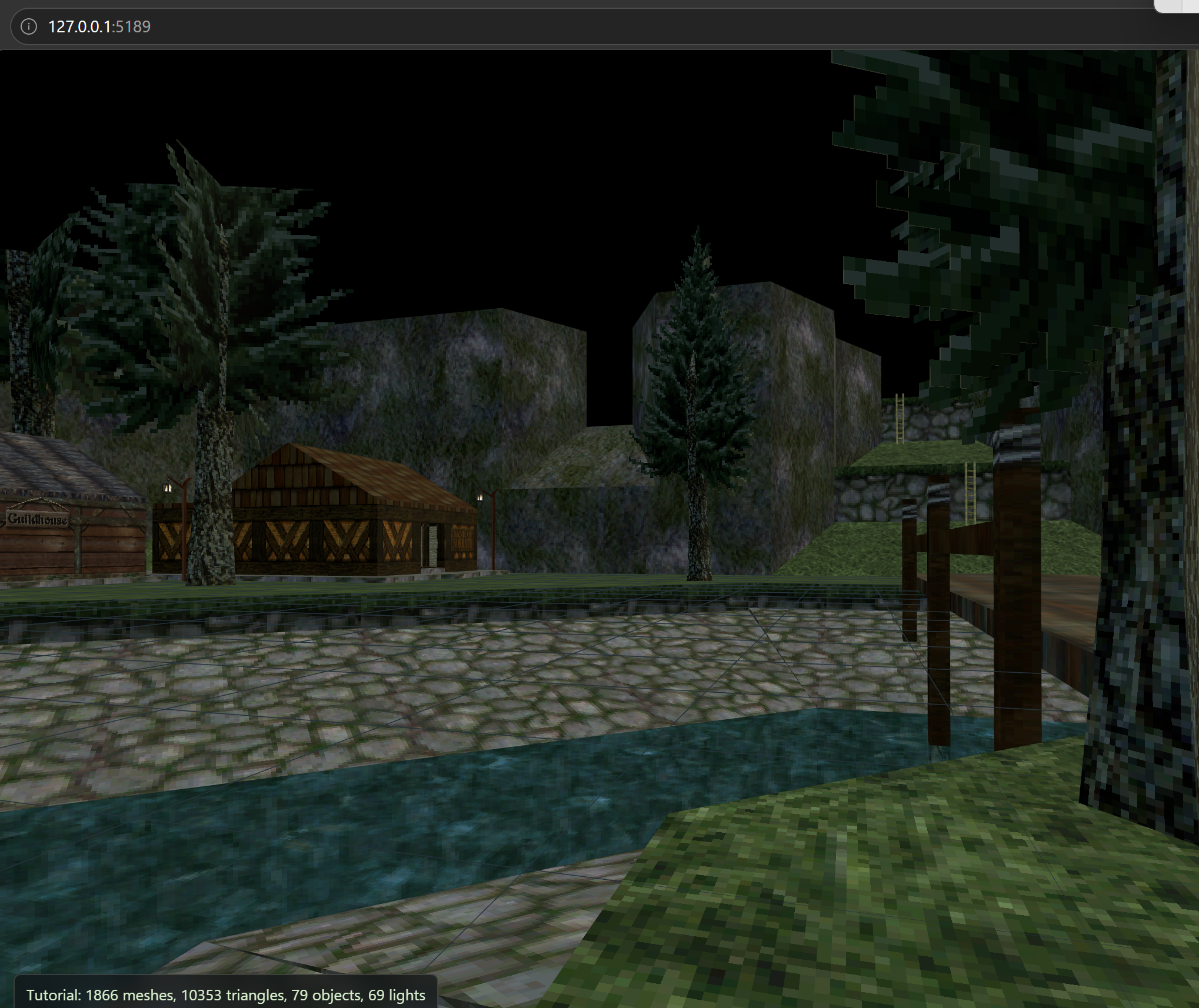 Browser screenshot of a retro 3D game-engine scene with trees, stone paths, water, and low-poly buildings