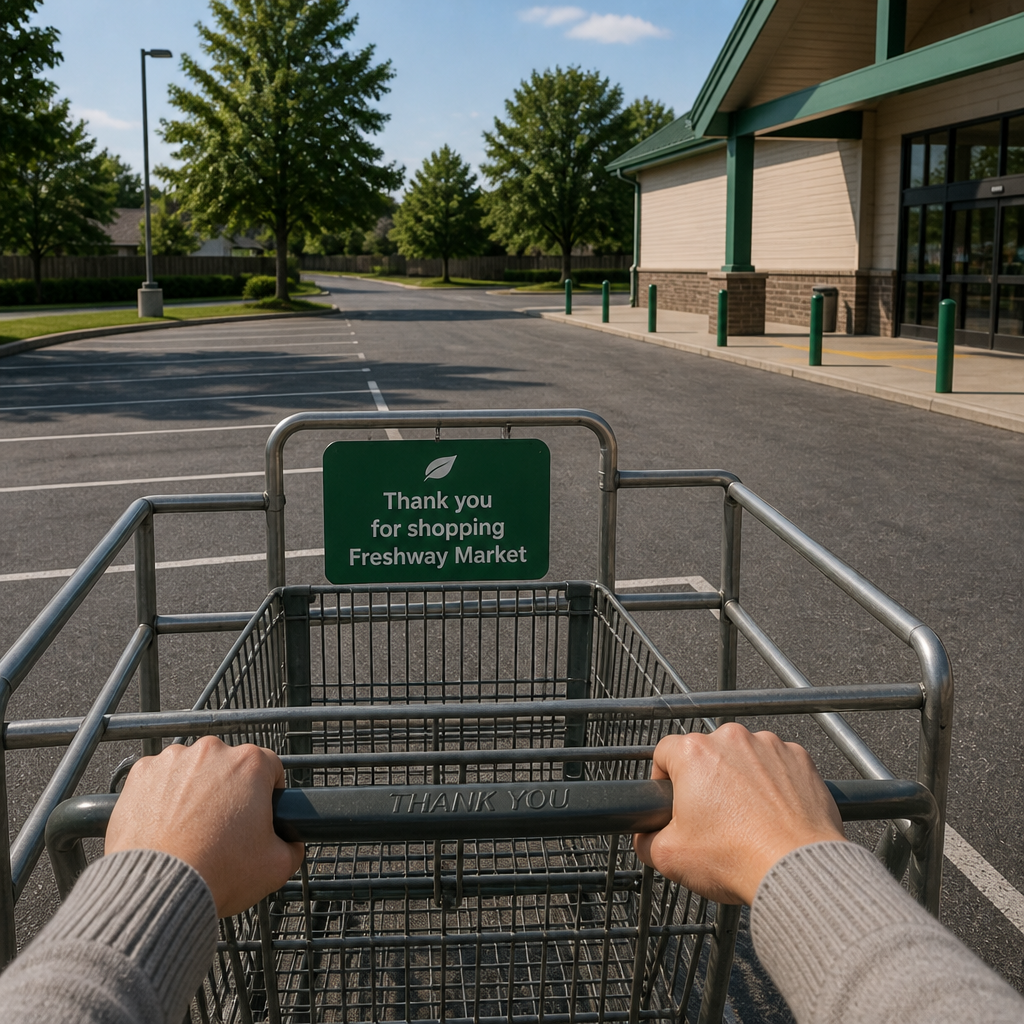 First-person view of hands on a shopping cart in a market parking lot