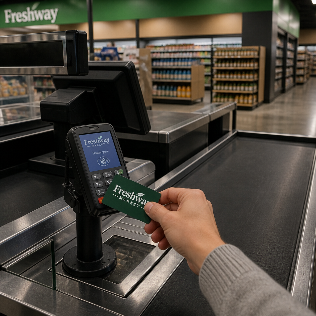 A hand holding a Freshway Market card near a grocery checkout payment terminal