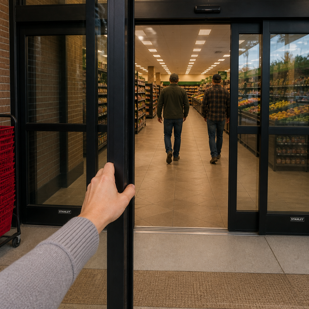A hand holding open a glass grocery-store entrance door while people walk inside