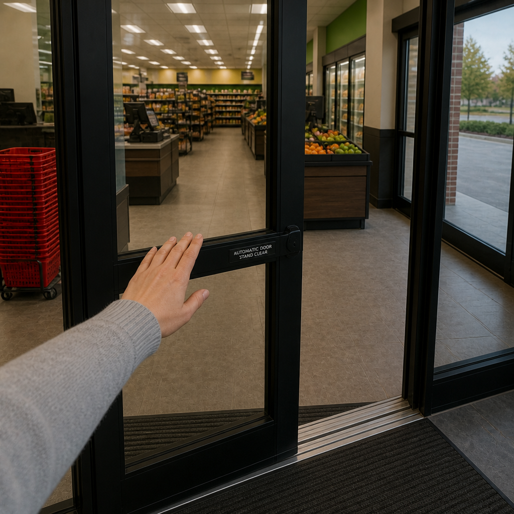 A hand reaching toward an automatic grocery-store door from inside the entrance
