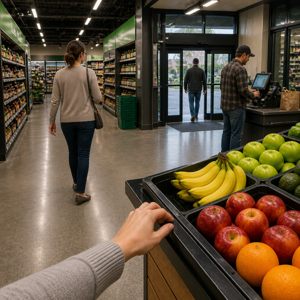 First-person view of a hand near a produce display inside a grocery store