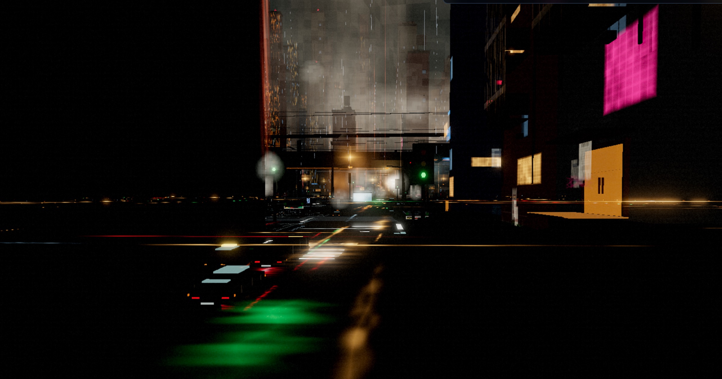 A generated city scene viewed from above with dense streets, glowing windows, and a strange cinematic night atmosphere