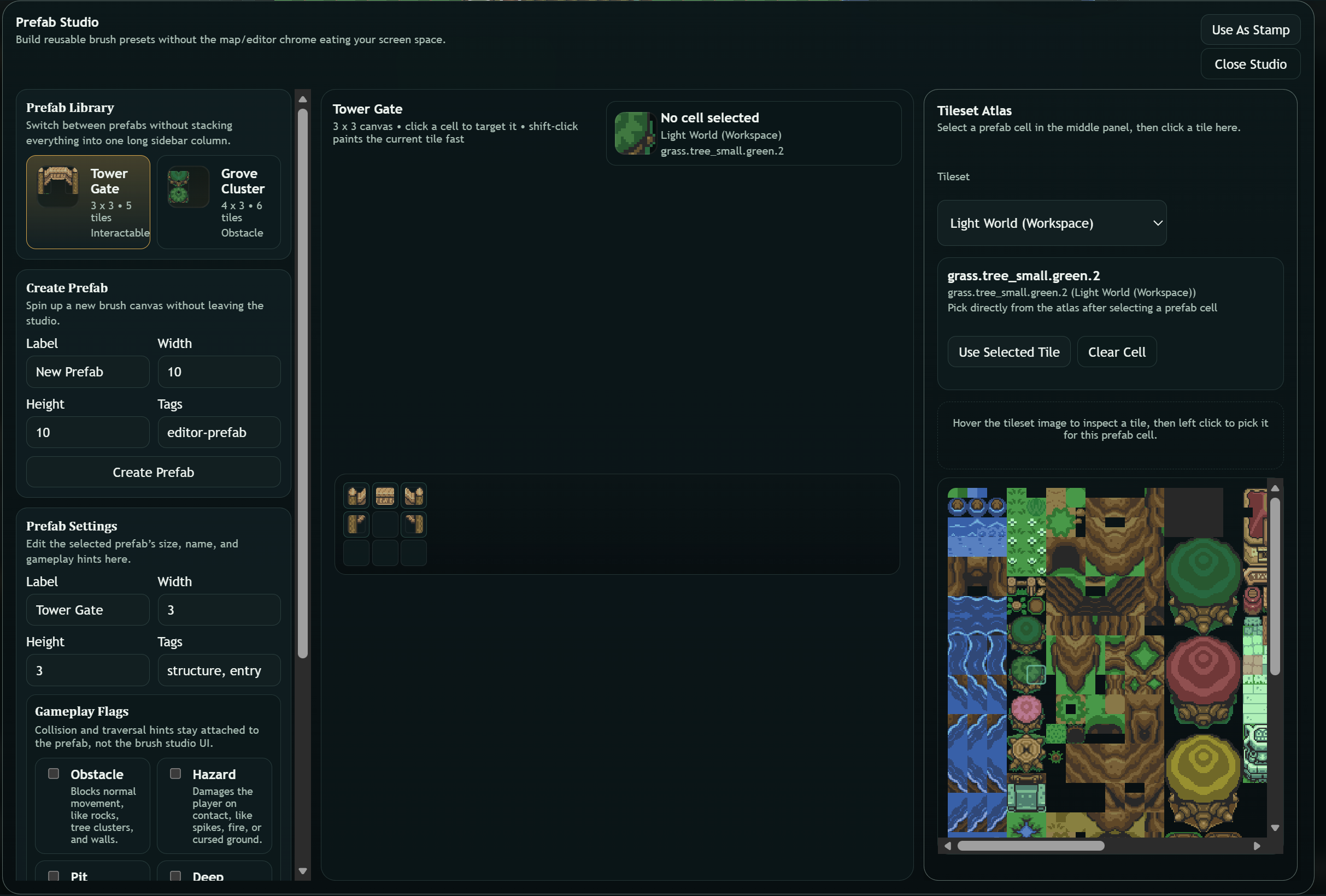 Prefab studio builder interface for a tileset map editor