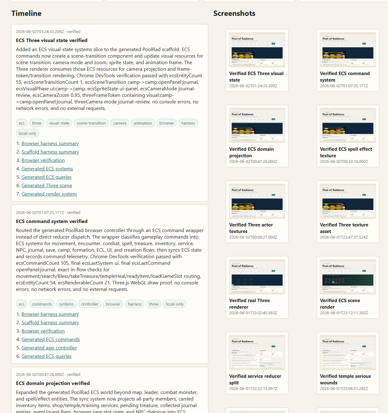 A screenshot showing a project-progress tracker site with work artifacts and verification details for a Codex run.